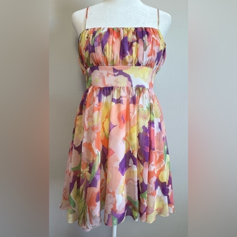 Twenty One Orange Pink Purple Floral Smocked Bust Sun Dress Size M